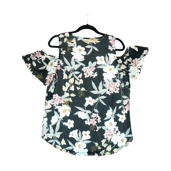 NWOT Isaac Mizrahi Live Black Floral Design Cold Shoulder Lined Blouse Size 10 - Picture 2 of 5